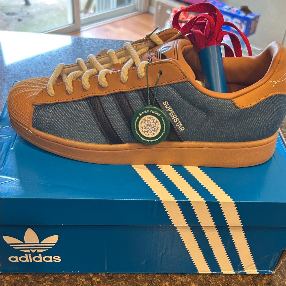 adidas Superstar Denim Blue and Tan Low-Top Sneakers extra laces included